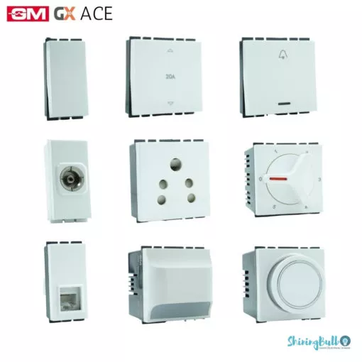 grouped image of gm gx's ace series switches and sockets on a white background available to buy from shiningbulb.com