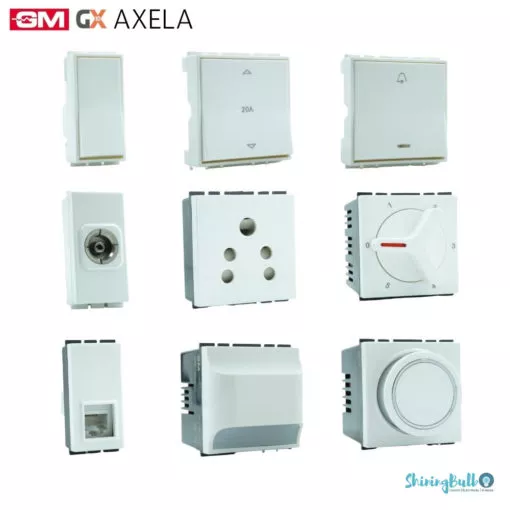 grouped image of gm gx's axela series switches and sockets on a white background available to buy from shiningbulb.com