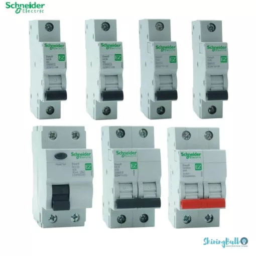 grouped image of schneider electric's easy9 series protection devices on a white background available to buy from shiningbulb.com